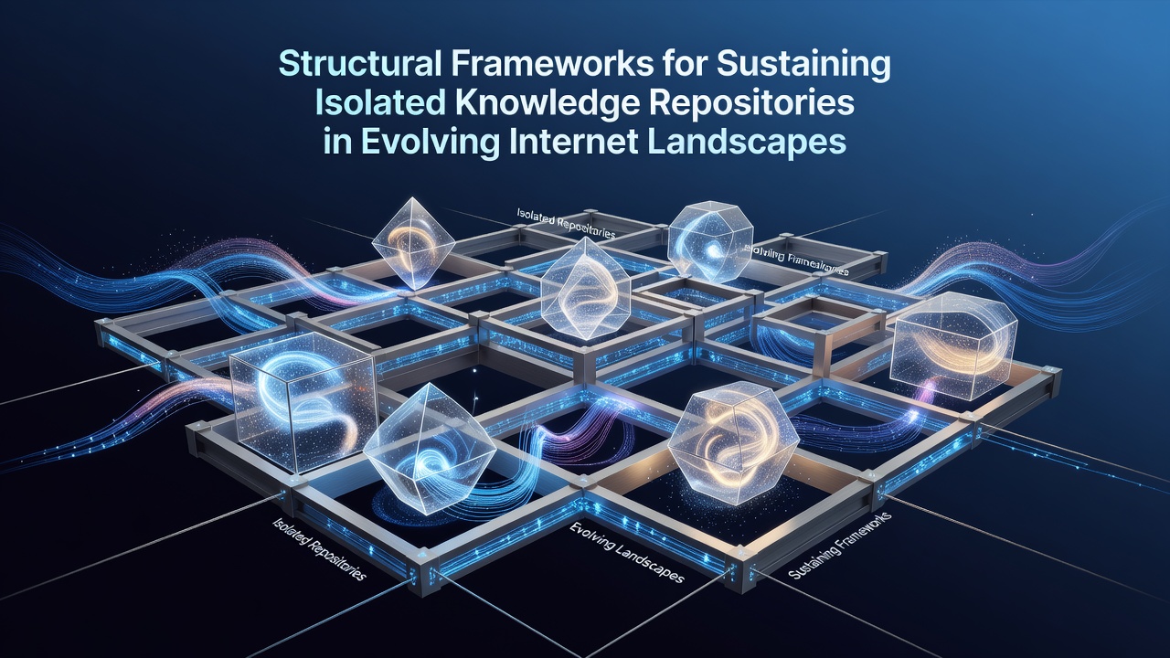 Illustration of knowledge repository nodes connected through decentralized protocols while adapting to evolving internet infrastructure layers
